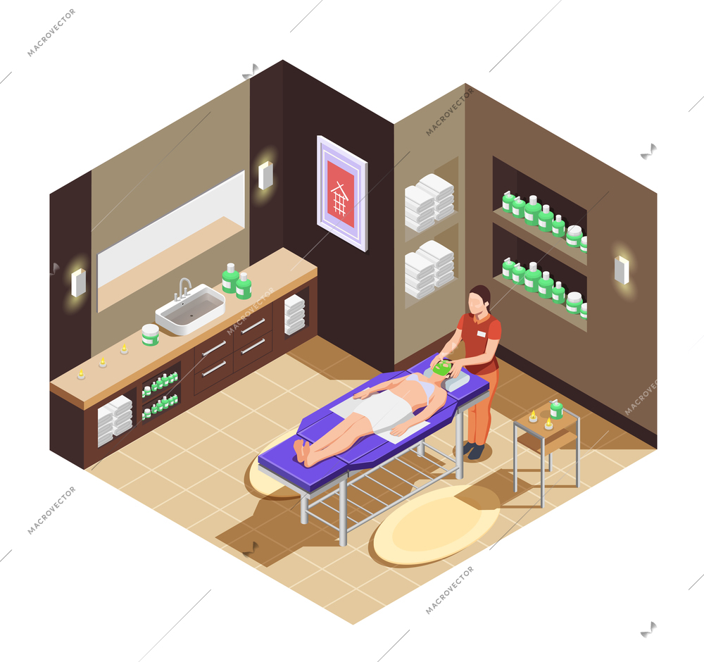 Spa beauty salon isometric composition with woman laying on bed with mask for face vector illustration