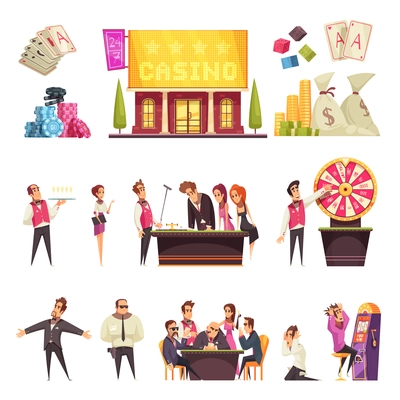 Casino set of isolated cartoon style human characters gambling house building cards and piles of chips vector illustration