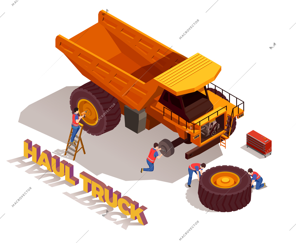 Construction workers with tools during repair of haul truck wheels isometric composition on white background vector illustration