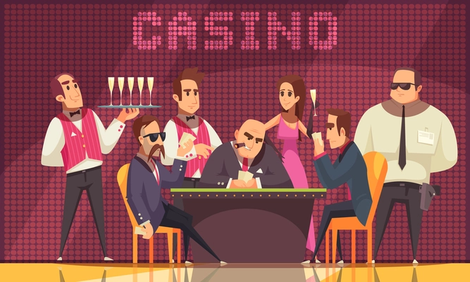 Casino indoor background composition with view of gaming room with human characters of gamers waiter banker vector illustration