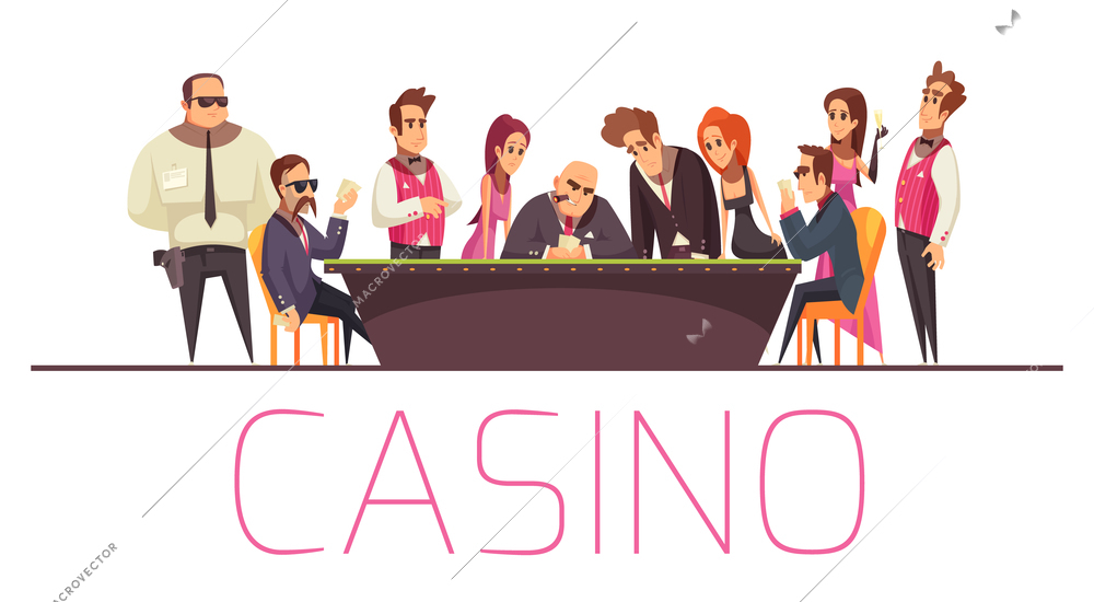 Casino background composition with text and flat cartoon style characters of playing people security and banker vector illustration