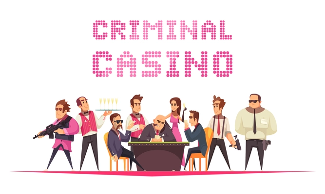 Crime casino background with text and cartoon style human characters with members of mob mafia gang vector illustration