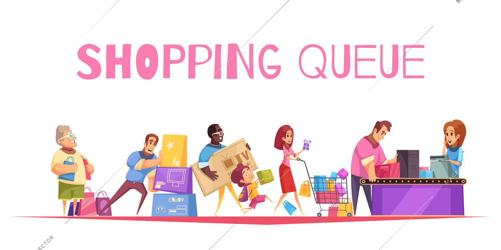 Shopping queue background composition with text and supermarket checkout images human characters of customers with goods vector illustration