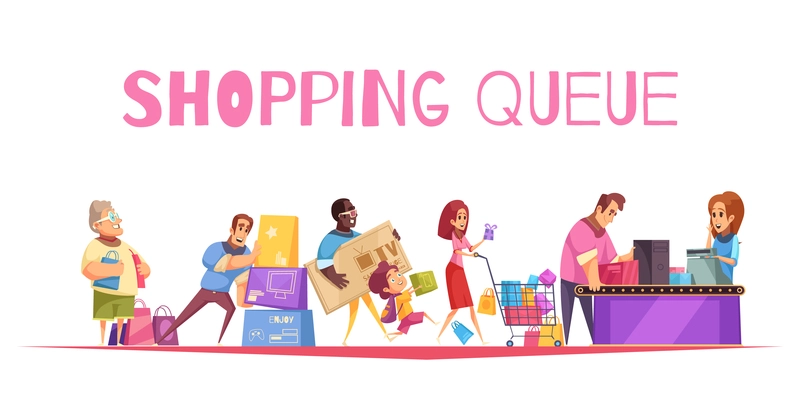 Shopping queue background composition with text and supermarket checkout images human characters of customers with goods vector illustration