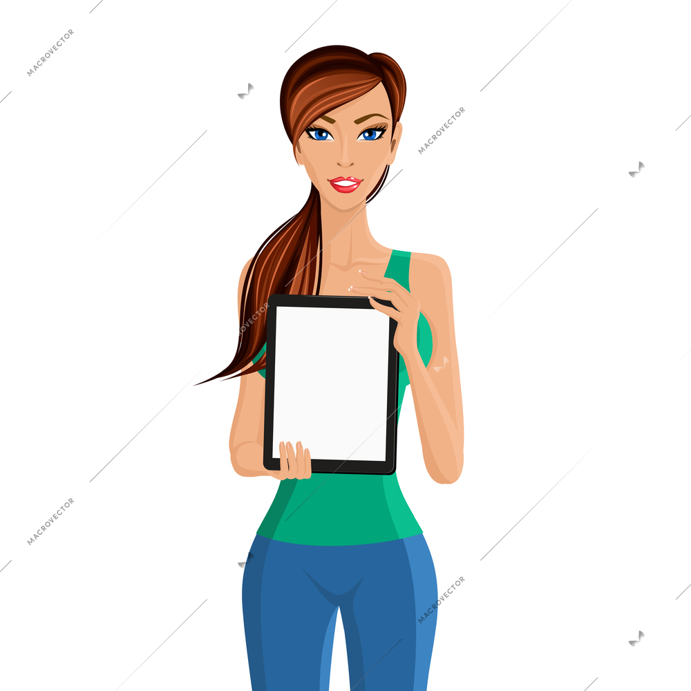 Young woman showing tablet computer portrait isolated on white background vector illustration
