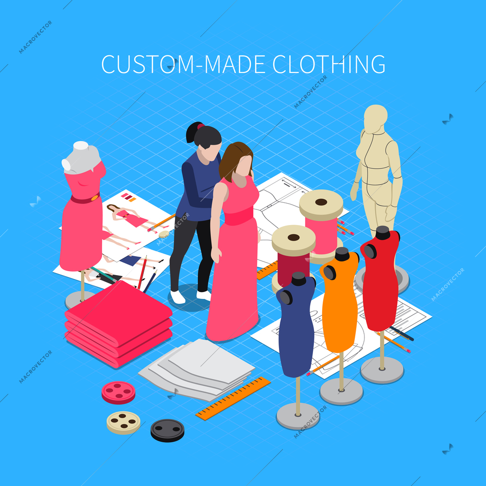 Custom made clothing isometric concept with dress symbols vector illustration