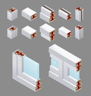 Pvc windows isometric frame elements in cut with glass isolated on grey background vector illustration