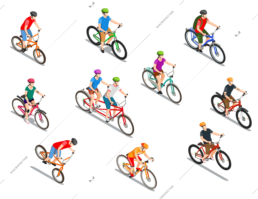 Cyclists with helmets during extreme ride tandem and tourist trip set of isometric icons isolated vector illustration