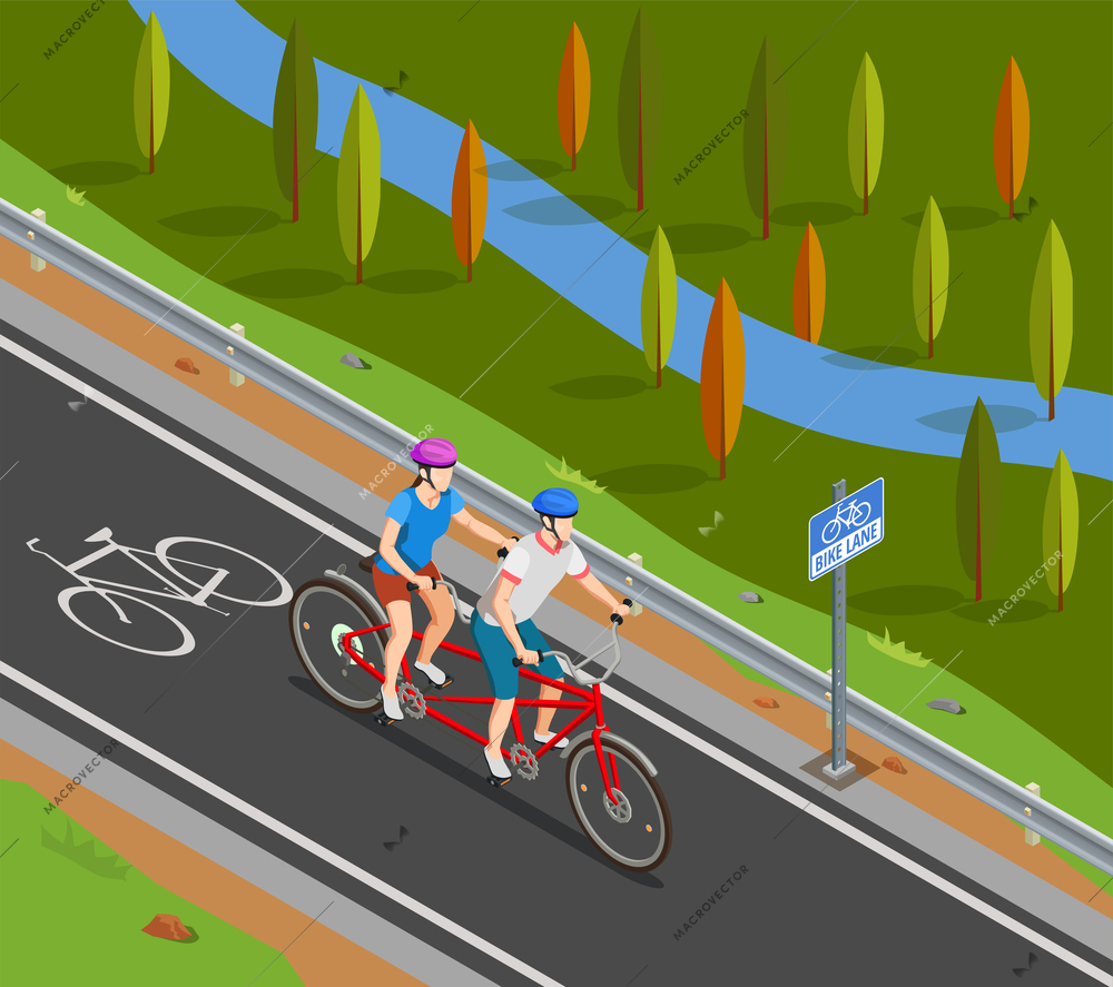 Couple in helmets during bicycle tandem trip on bike track in summer isometric composition vector illustration