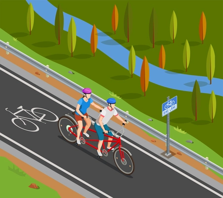 Couple in helmets during bicycle tandem trip on bike track in summer isometric composition vector illustration