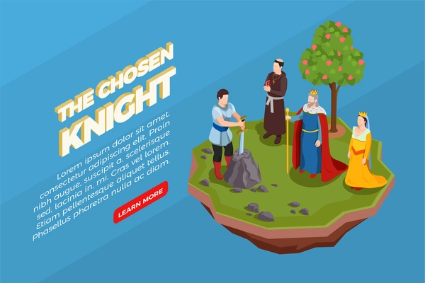 Chosen knight with sword in stone priest royal persons medieval isometric composition on blue background vector illustration