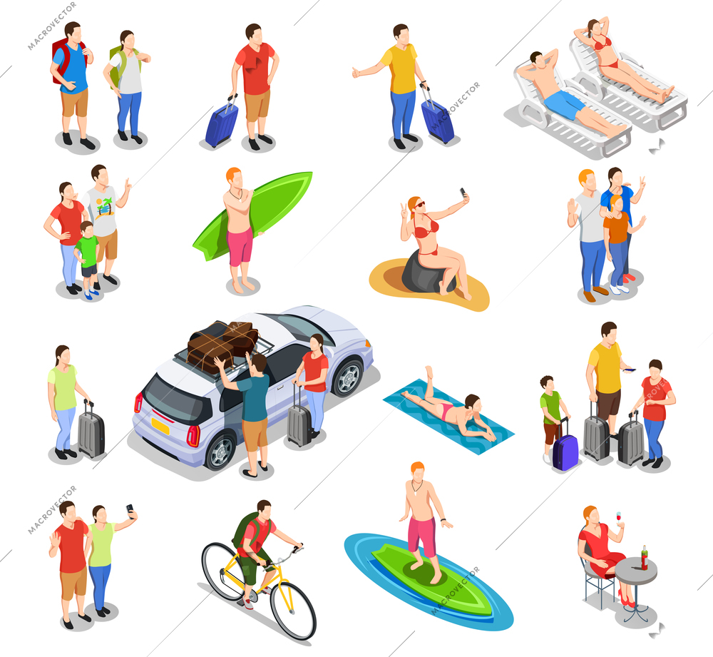 Set of isometric people during vacation traveling by car surfing bicycle riding beach holiday isolated vector illustration