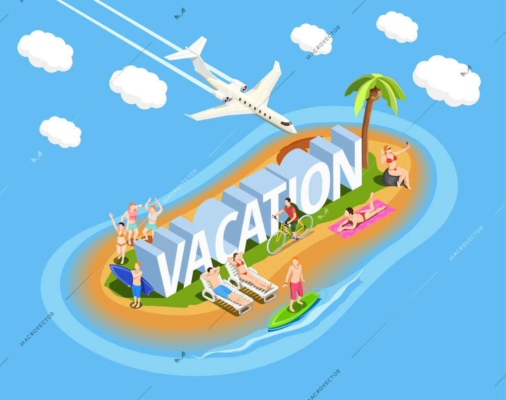 People on island during beach vacation isometric composition on blue background with plane in sky vector illustration