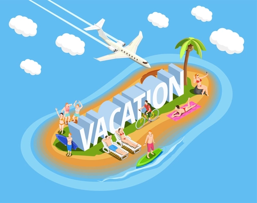 People on island during beach vacation isometric composition on blue background with plane in sky vector illustration