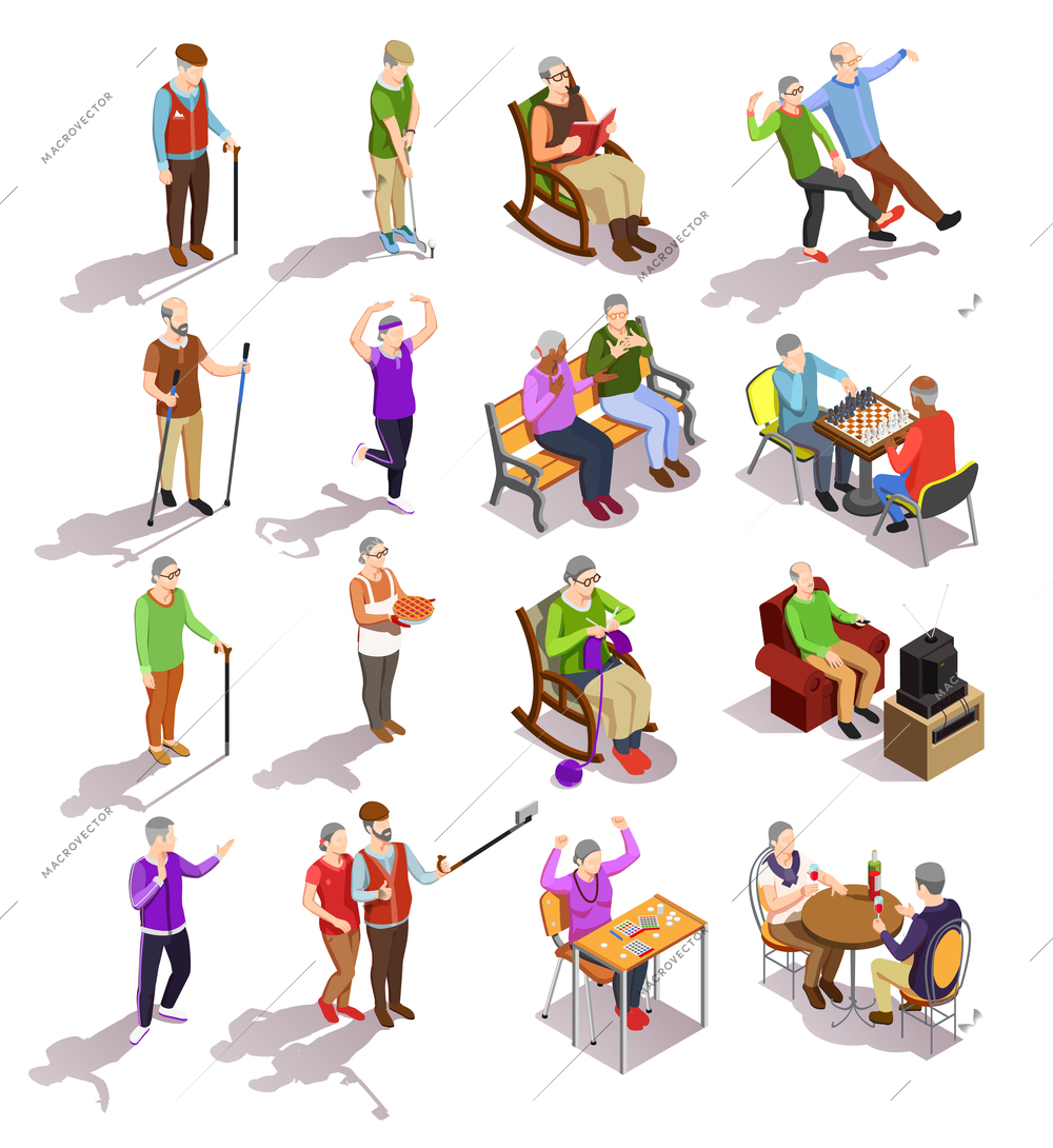 Set of isometric elderly people during various activity cooking physical exercises meeting with friends isolated vector illustration