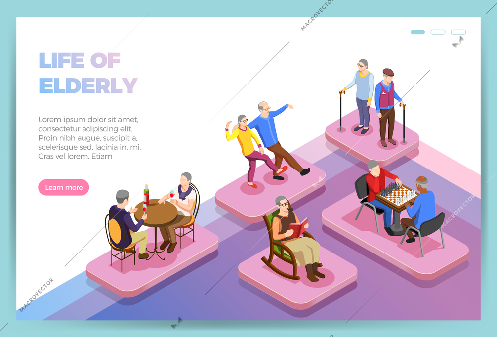 Life of elderly people isometric landing page of web site vector illustration