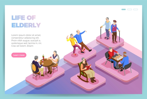 Life of elderly people isometric landing page of web site vector illustration