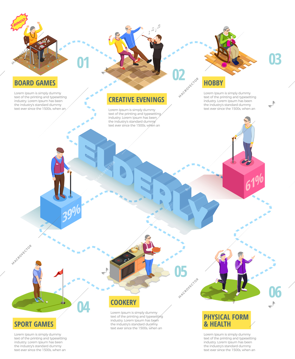 Isometric infographics on white background with information about activities of elderly persons men and women vector illustration