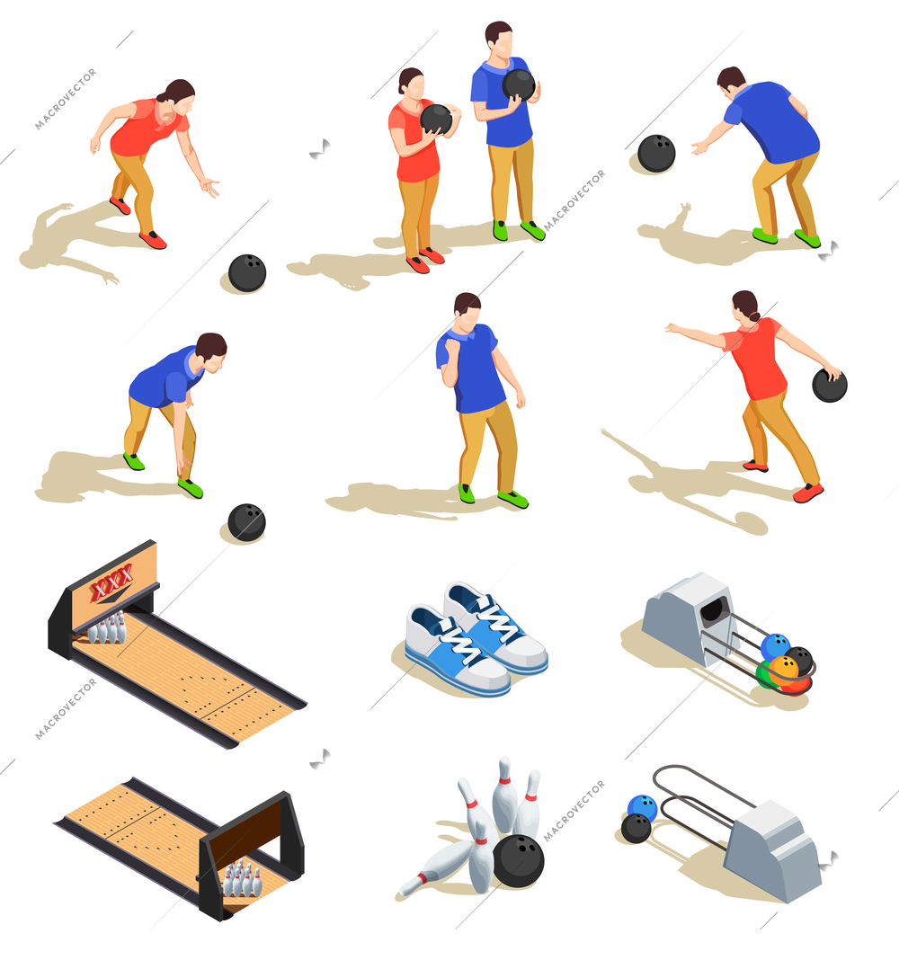 Bowling set of isometric icons with sports equipment and teams of players during game isolated vector illustration