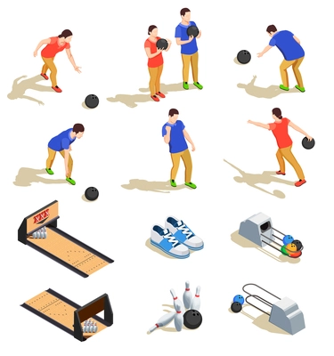 Bowling set of isometric icons with sports equipment and teams of players during game isolated vector illustration