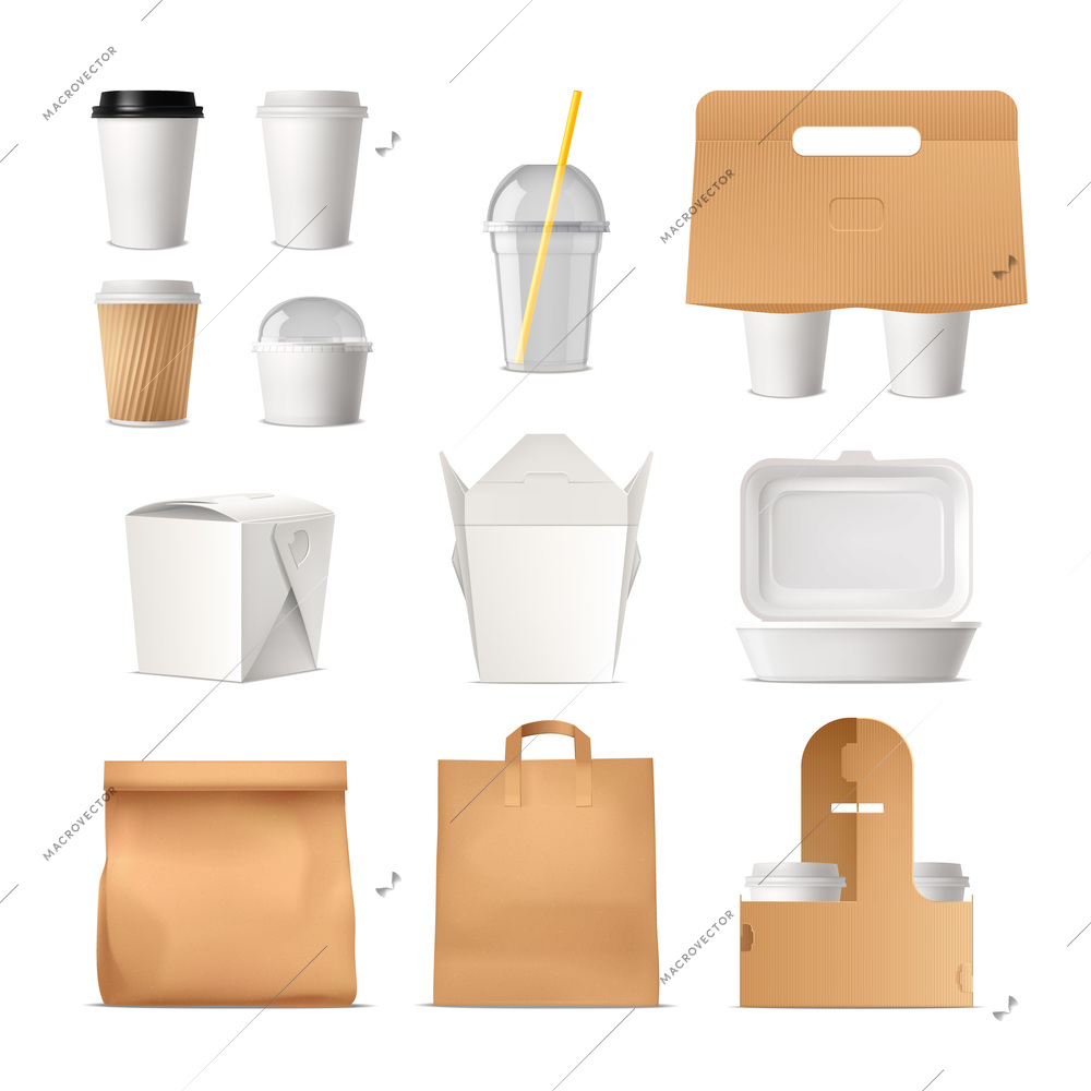 Realistic set of takeout fast food package made of paper and plastic isolated vector illustration