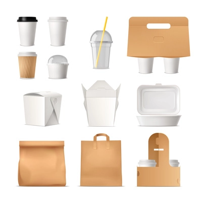 Realistic set of takeout fast food package made of paper and plastic isolated vector illustration