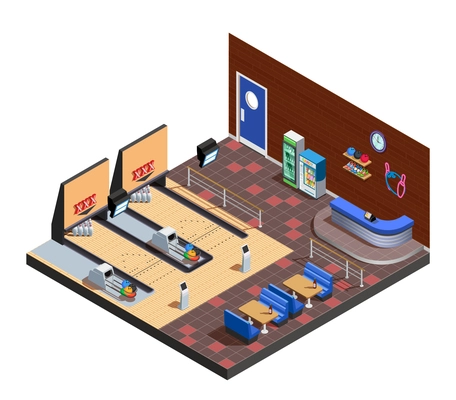 Bowling club interior isometric composition with game zone cafe and rack of administrator vector illustration