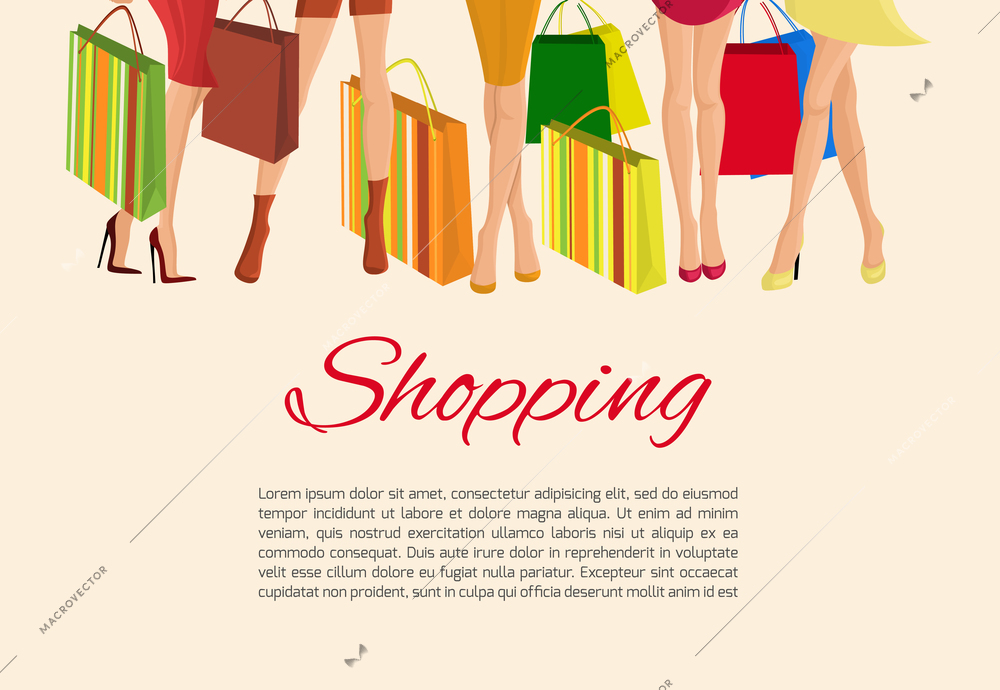 Young sexy  girls slim legs and with fashion bags shopping poster vector illustration