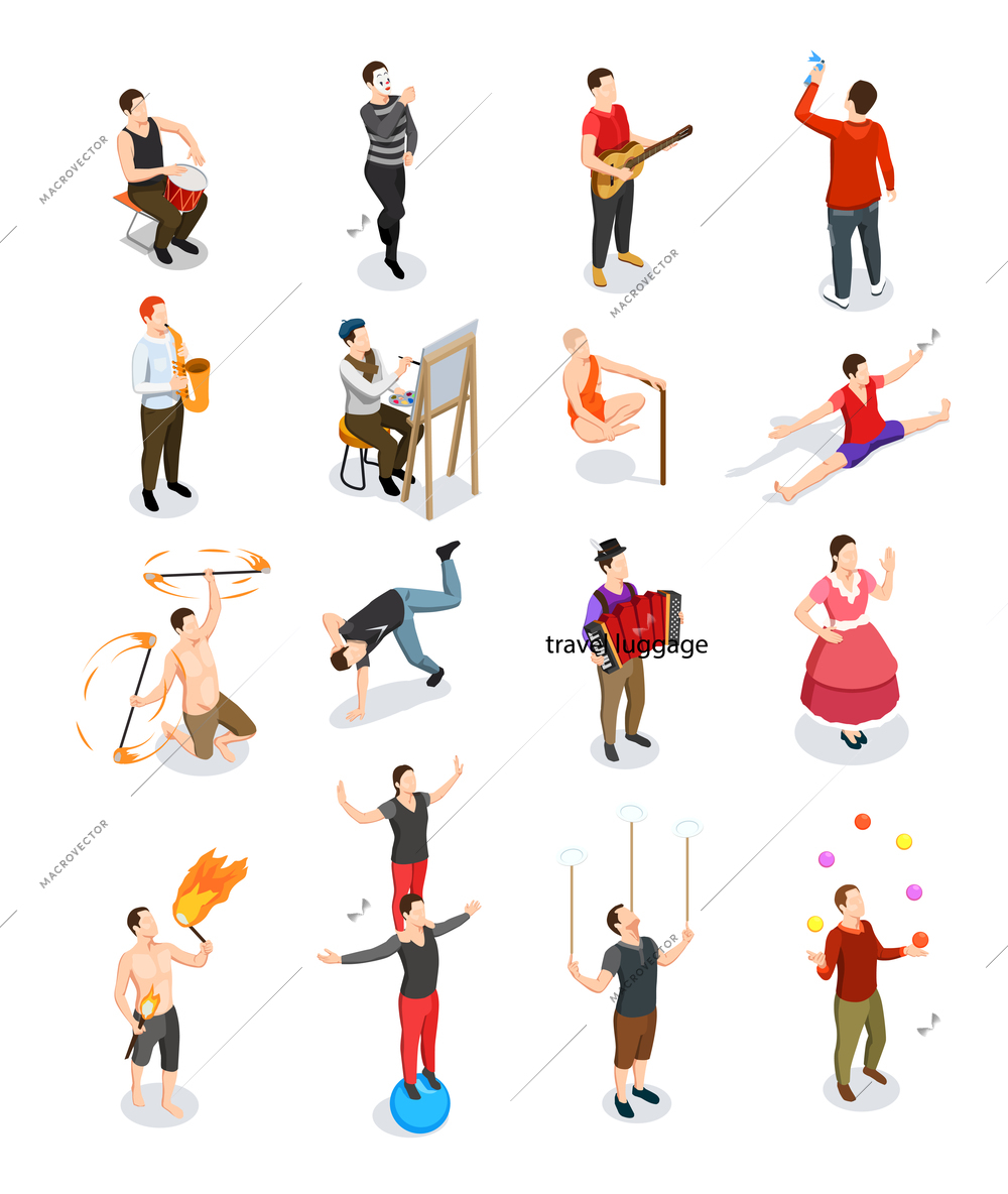 Street artists isometric people musicians and gymnasts painter dancer and masters of tricks isolated vector illustration