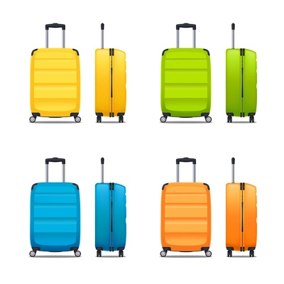 Colorful set of modern plastic suitcases with wheels and retractable handle in front and side view realistic vector illustration