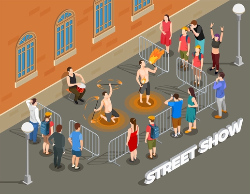 Street performance isometric composition with fire show under rhythm of drum and viewers vector illustration