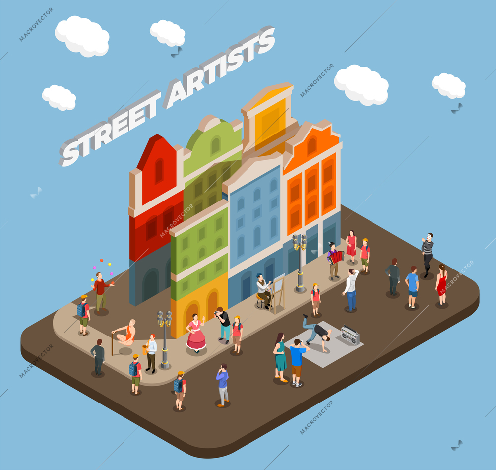 Street artists isometric composition with musicians actors and masters of tricks during performance in city vector illustration
