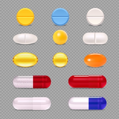 Realistic set of colorful medicine pills dragee and capsules isolated on transparent  background vector illustration