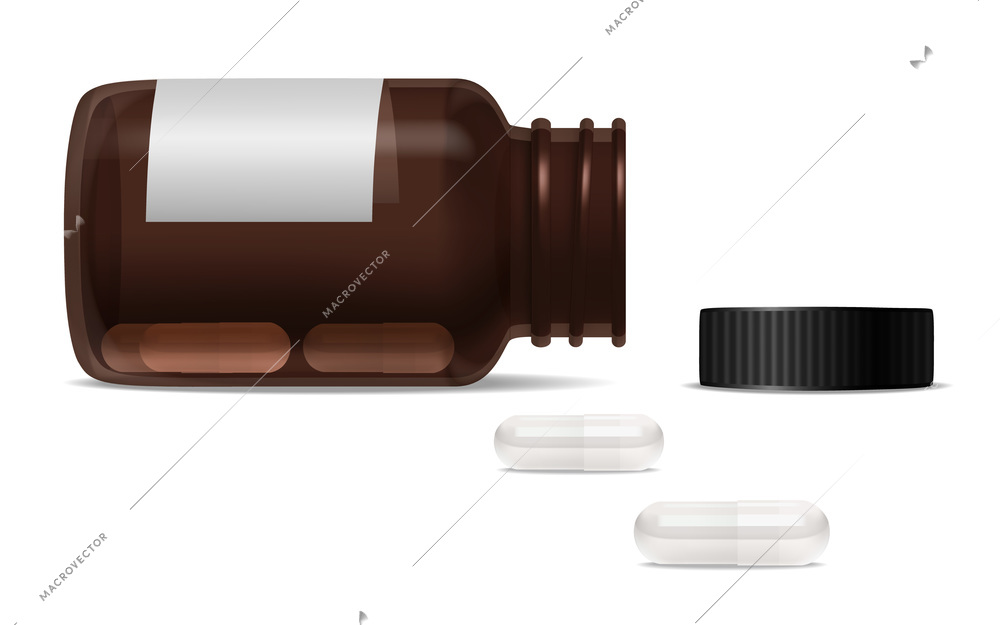 Medicament realistic design concept with opened glass bottle for pills and scattered capsules vector illustration