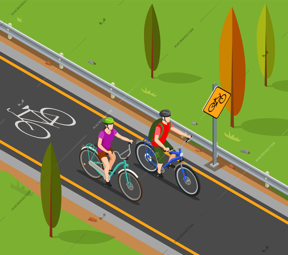 Cycling tourism isometric composition couple during bicycle ride on bike lane vector illustration