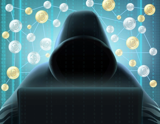 Cryptocurrency blockchain realistic miner in black hood behind computer against digital screen and bitcoins net background vector illustration