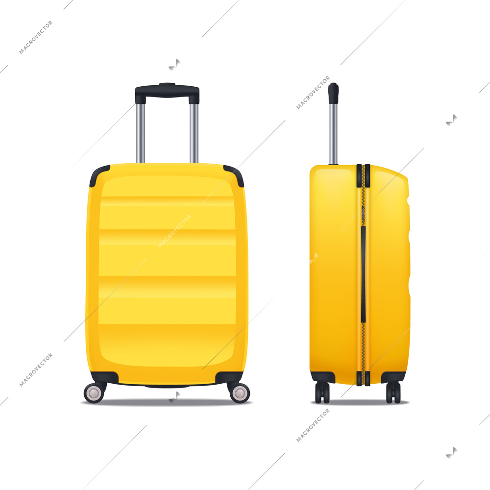 Front and side view of modern yellow plastic suitcase with wheels and retractable handle on white background realistic vector illustration