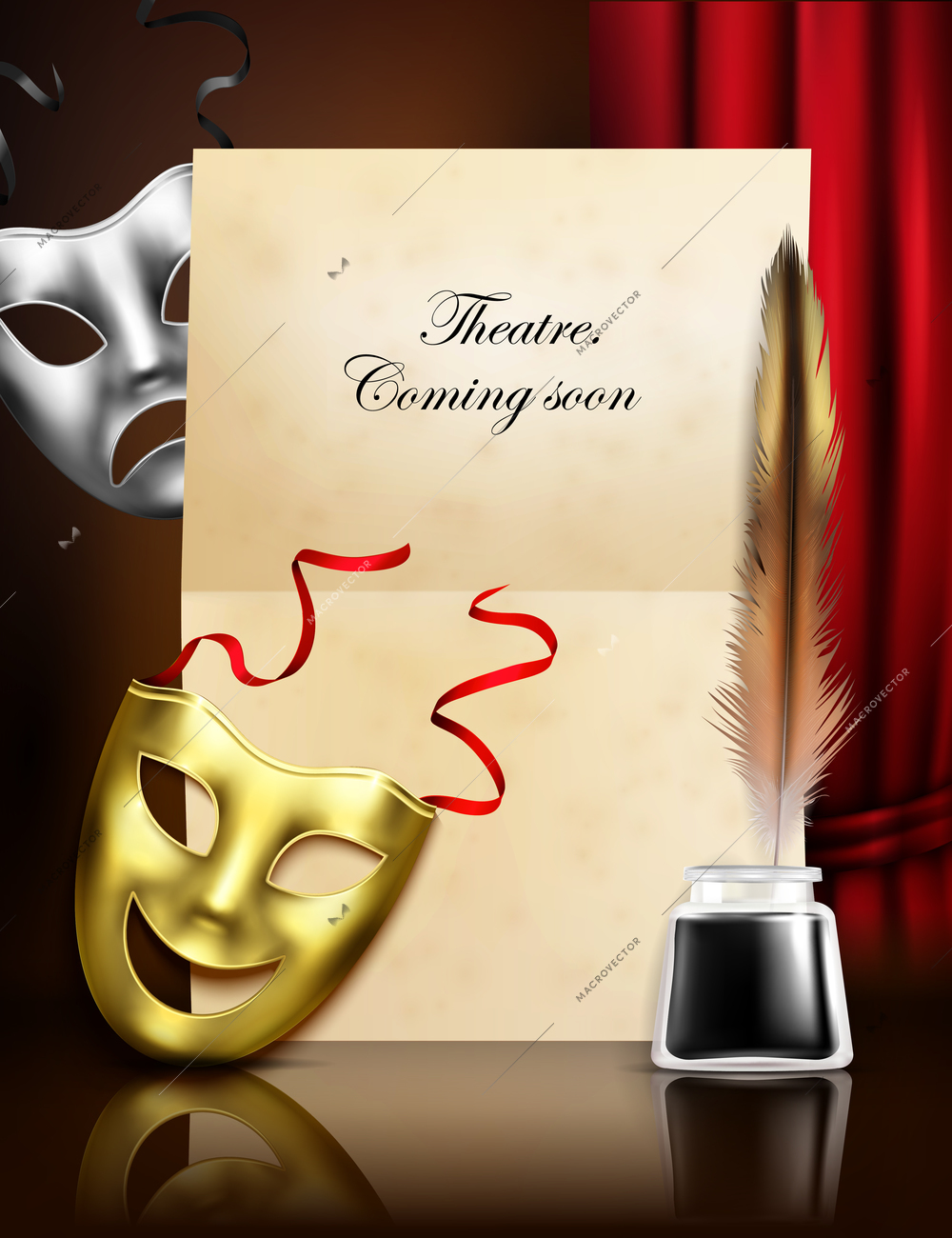 Theater season announcement advertisement stylish realistic composition with comedy tragedy masks paper ink feather pen vector illustration