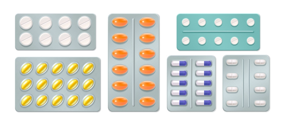 Set of isolated blisters with medicine pills and capsules on white background realistic vector illustration