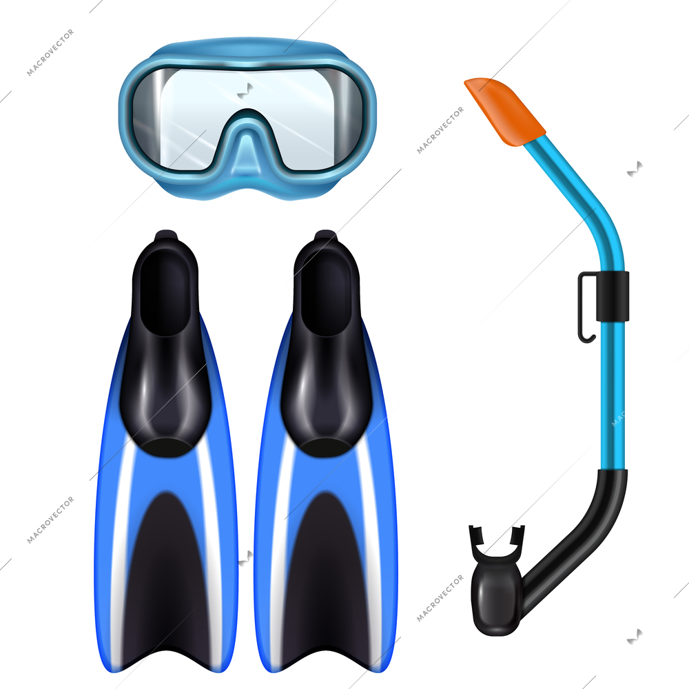 Diving accessories realistic set with snorkel breathing tube mask and flippers for underwater sport blue vector illustration