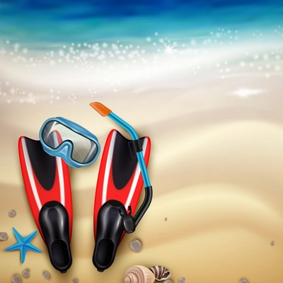 Diving accessories on tropical beach sand realistic top view with flippers snorkel mask marine creatures vector illustration