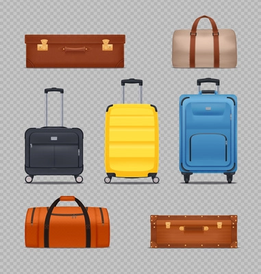 Transparent set of modern plastic luggages with wheels and retractable handle and vintage suitcases realistic vector illustration