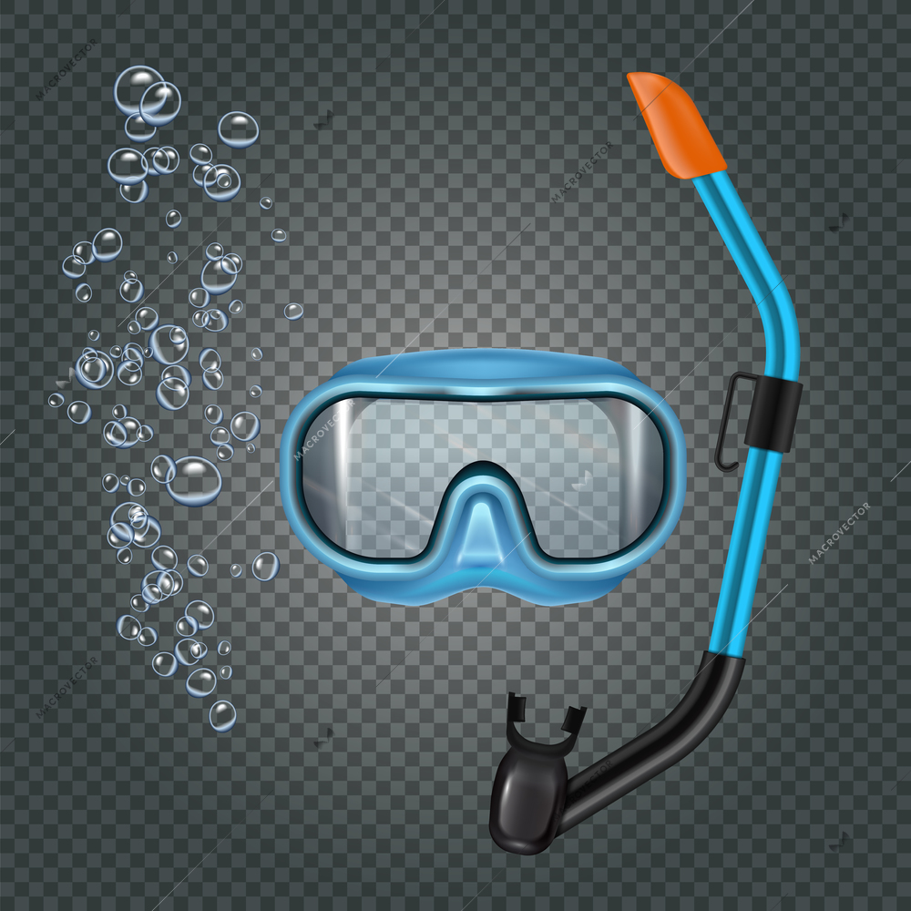 Snorkeling set with diving mash and breathing tube on dark transparent background with bubbles realistic vector illustration