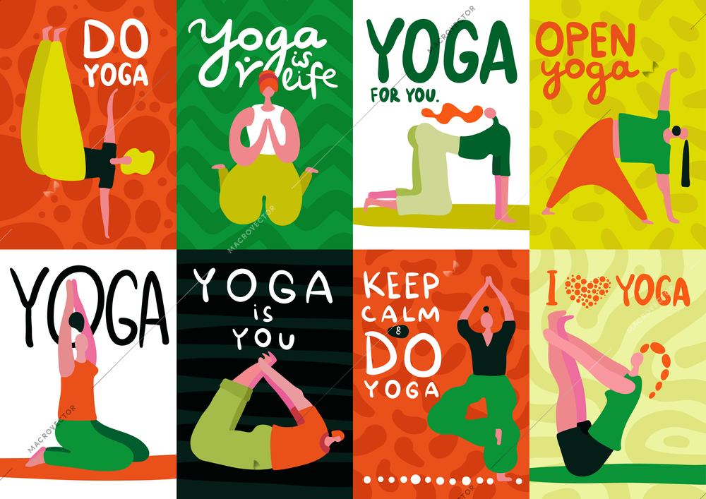 People doing yoga flat design cards set isolated on colorful background vector illustration