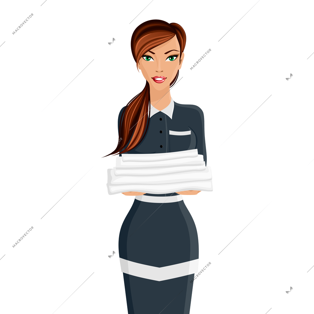 Attractive young girl hotel maid with towels portrait isolated on white background vector illustration