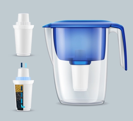 House tap water filter pitcher with 2 removing toxins and contaminants replacement units realistic set vector illustration