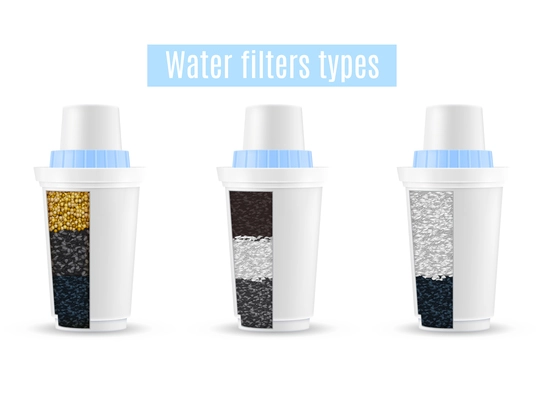 Water filters realistic set of 3 purification units types cutaway models with activated carbon granules vector illustration