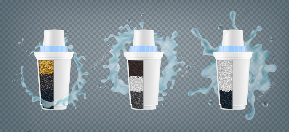 Water filters realistic set of 3 cutaways with activated carbon granules in splashes transparent background vector illustration