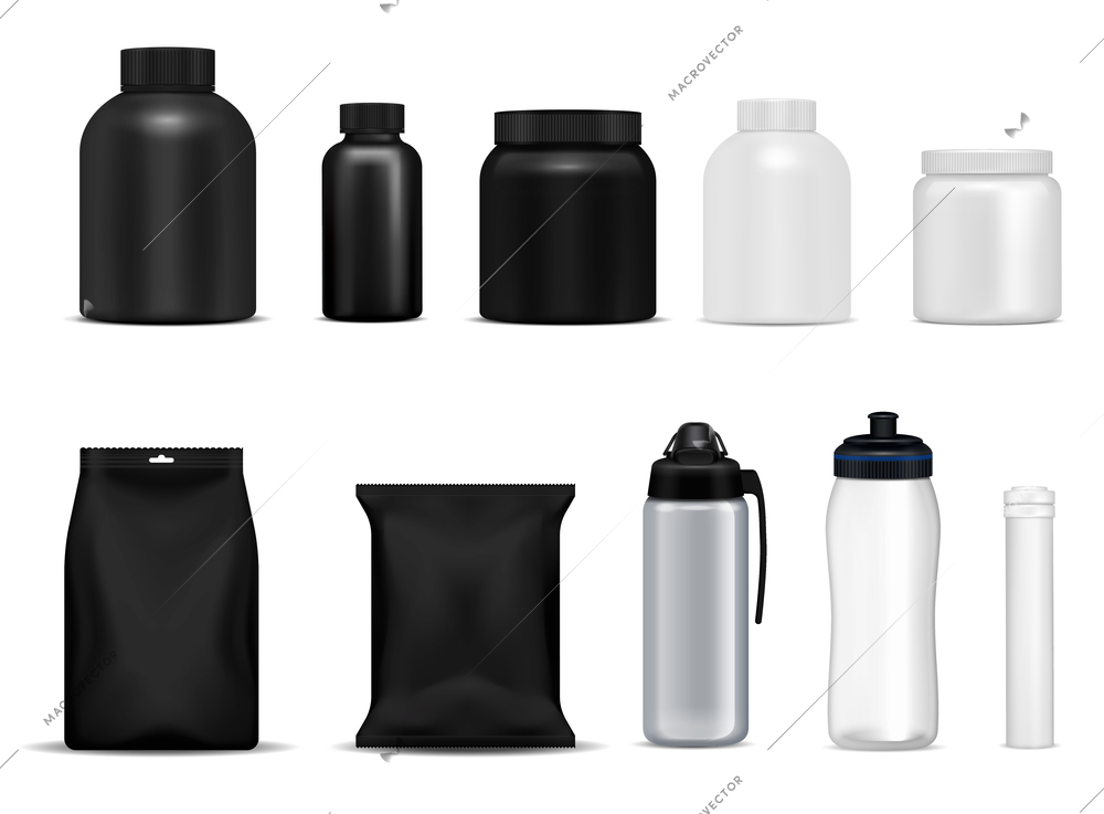 Fitness drink bottles sport nutrition protein containers packages black white  metal plastic realistic set isolated vector illustration