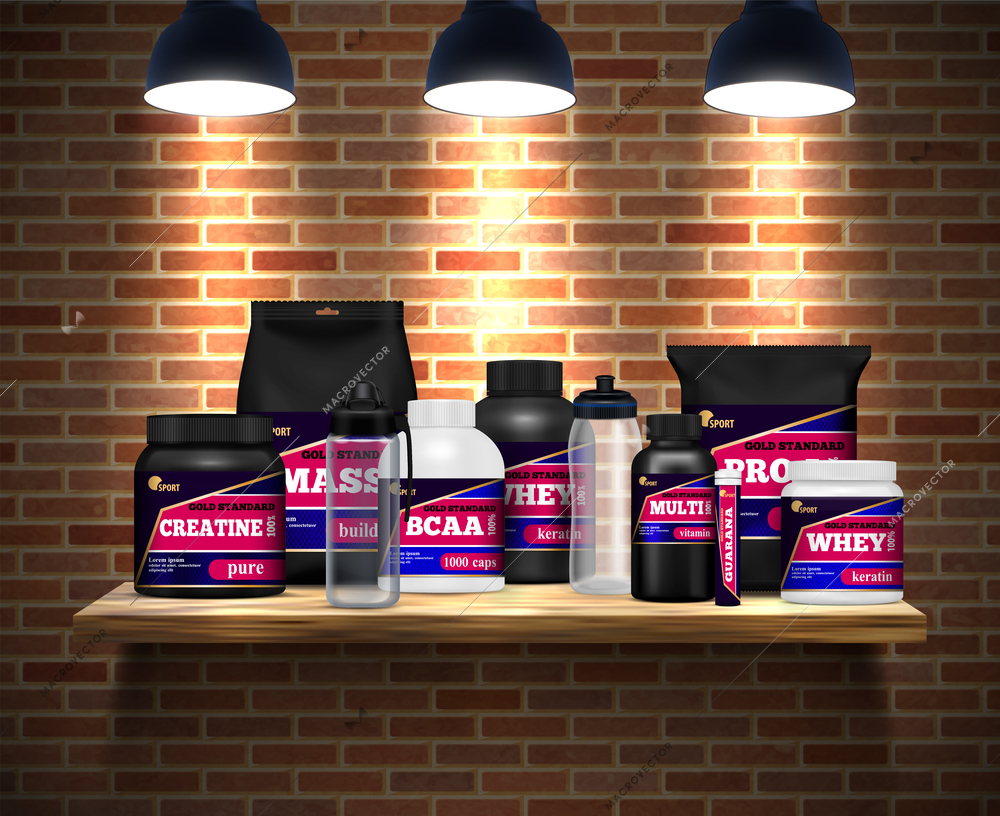 Fitness sport nutrition packages jars and  drink bottles realistic composition on shelf brick wall background vector illustration